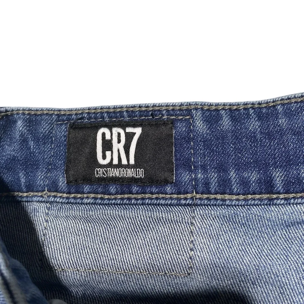 CR7 Cristiano Ronaldo Mens Distressed Blue Denim Tapered Jeans 32x30 Button‎ Fly